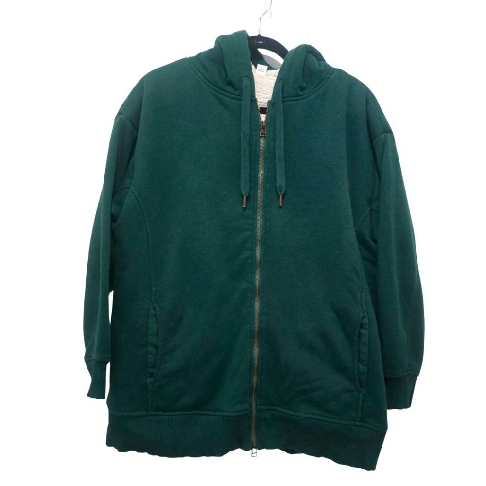 Forest Green Oversized Sherpa-Lined Zip Hoodie – Size Medium